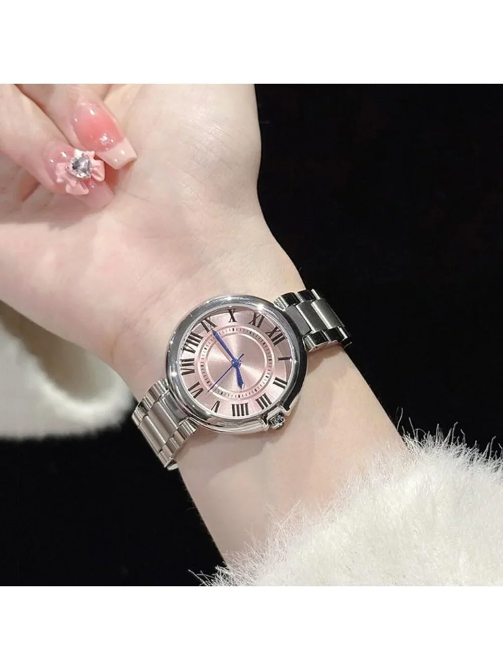Women's Silver-Pink Classic Vintage Roman Numerals Dial Stainless Steel Watch